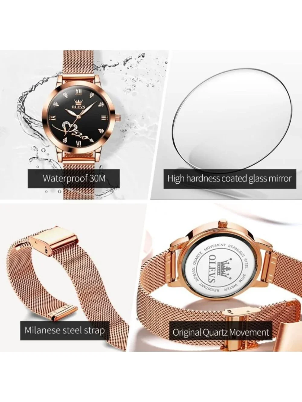 Women's Rose Gold Black Mesh Strap Fashion Dress Heart Quartz Bracelet Set Watch